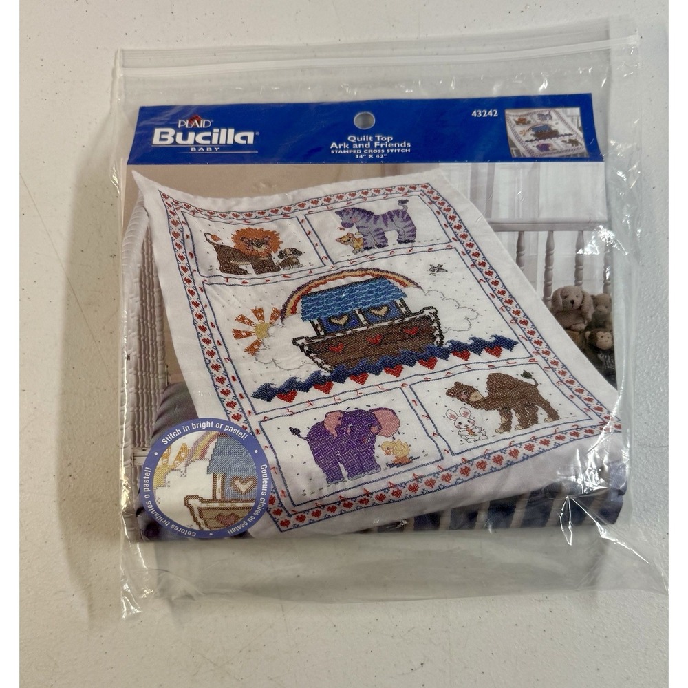 Bucilla 43242 Baby Quilt Top Ark and Friends Stamped Embroidery 34"x42" Animals